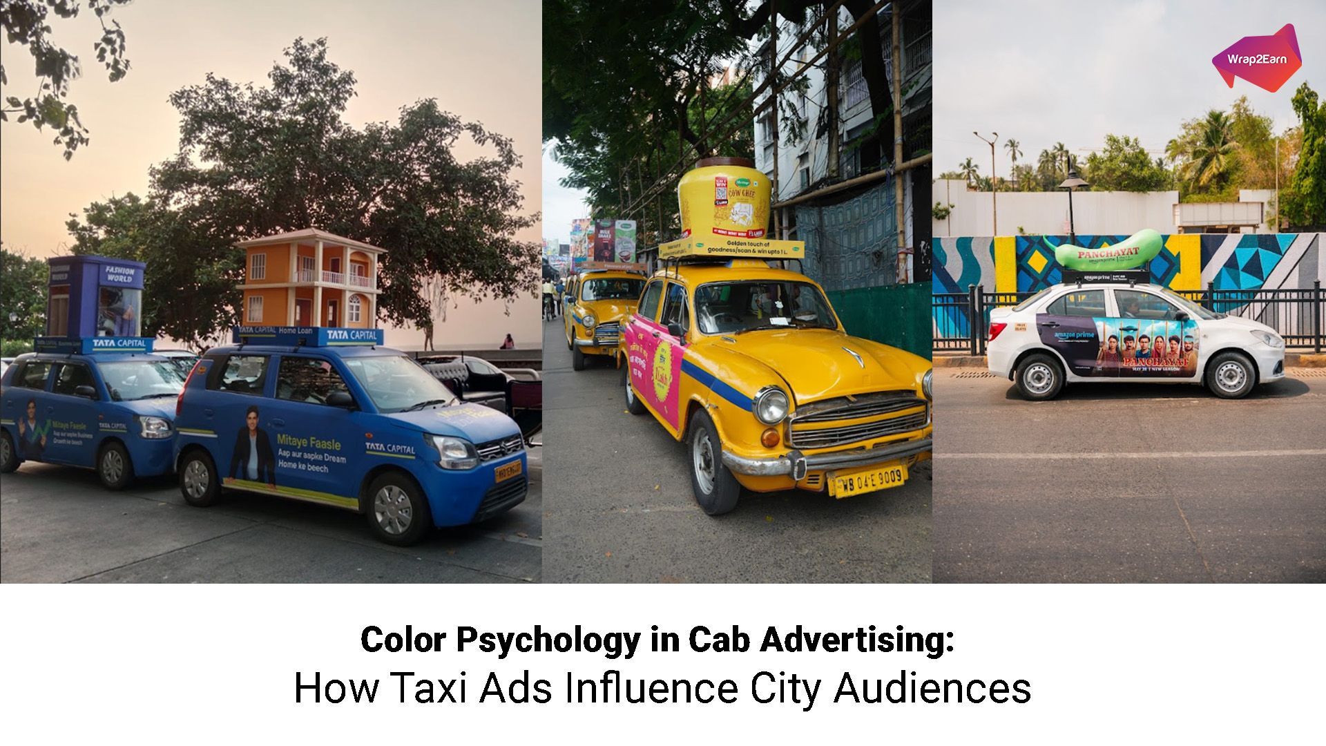 Three taxis with colorful wraps, showing how Wrap2Earn uses color psychology to enhance cab advertising.