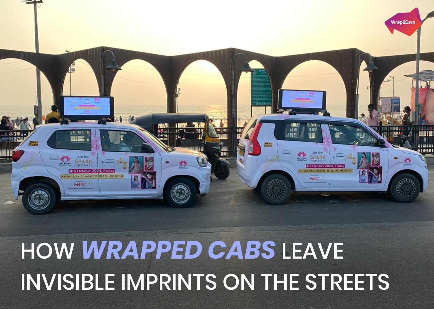 Branded cab driving through a city street, showcasing Wrap2Earn’s mobile advertising in motion