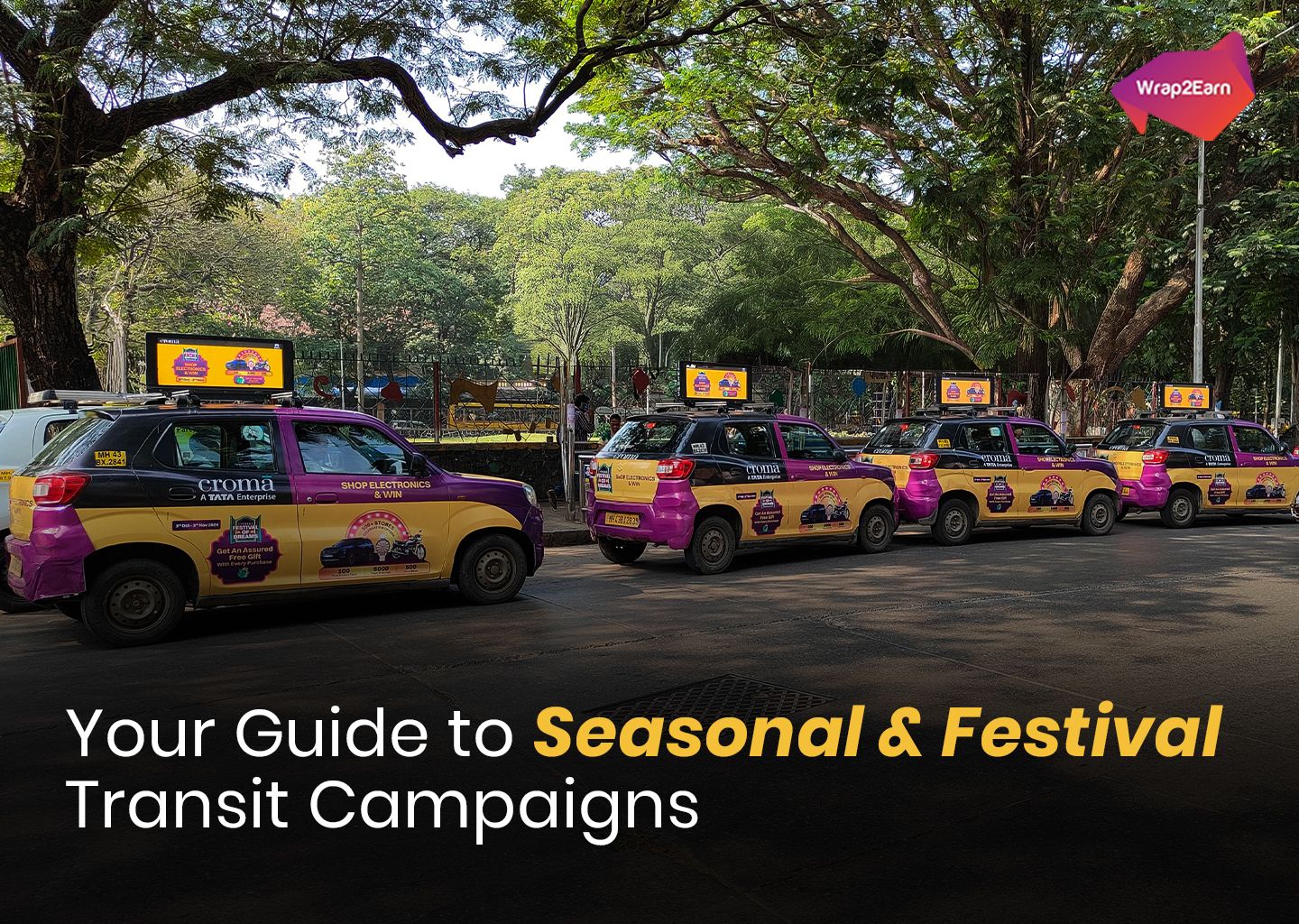 Seasonal transit advertising with festive-themed bus ads and cab branding across city routes