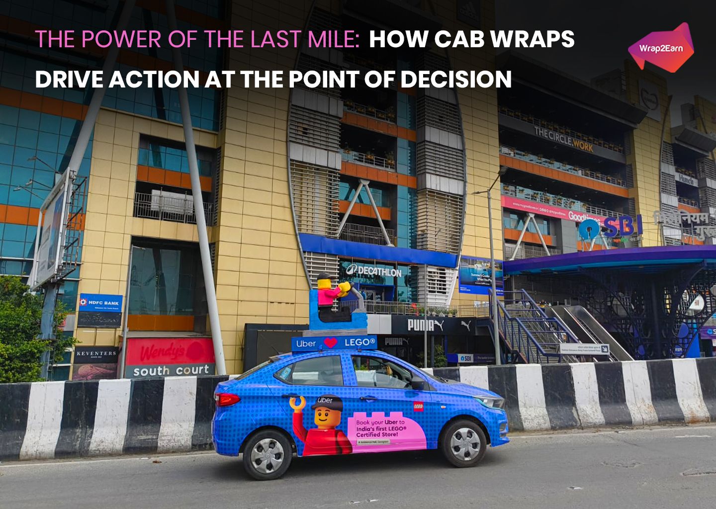 Wrap2Earn cab wrap driving through a busy city street during peak commute hours