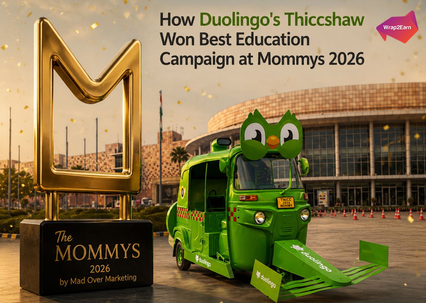 Duolingo's Thiccshaw with F1-inspired wings at MotoJam 2026, winner of Best Education Campaign.