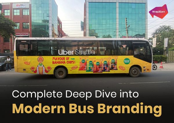 Bus branding example showing exterior wrap on a city shuttle, highlighting Wrap2Earn transit advertising.