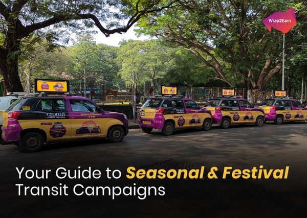 Seasonal transit advertising with festive-themed bus ads and cab branding across city routes